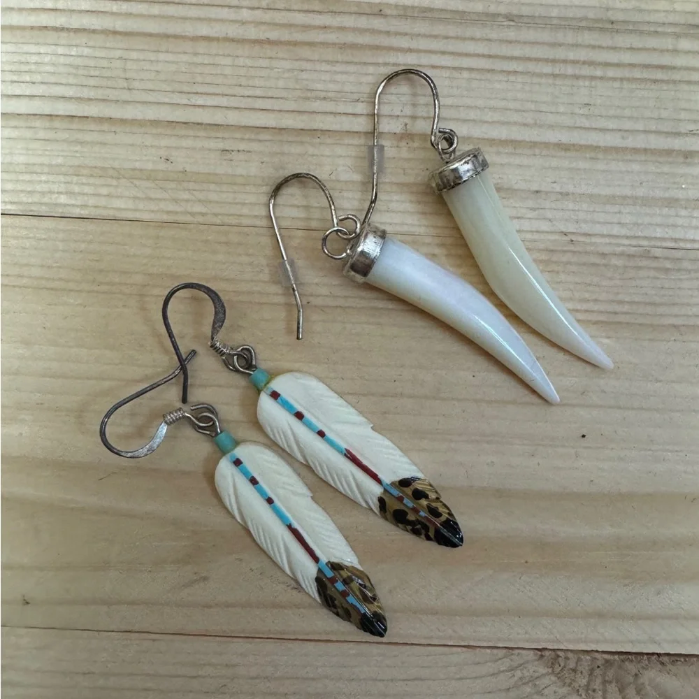 Lucky Brand Feather Drop Earrings Boho Turquoise Beaded Dangle Statement - Picture 3 of 5